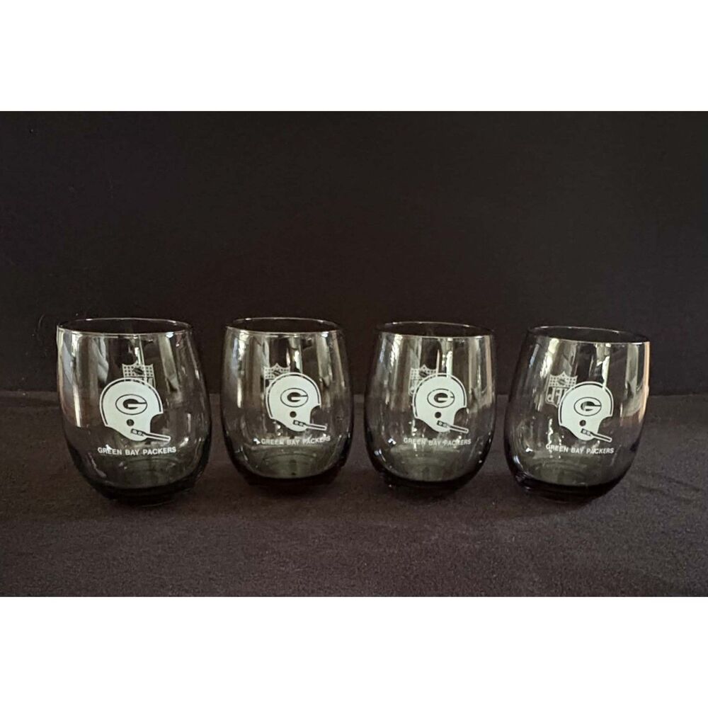 Green Bay Packers Stemless Wine Glasses Set of 4 Smoked Glass NFL Helmet 4"